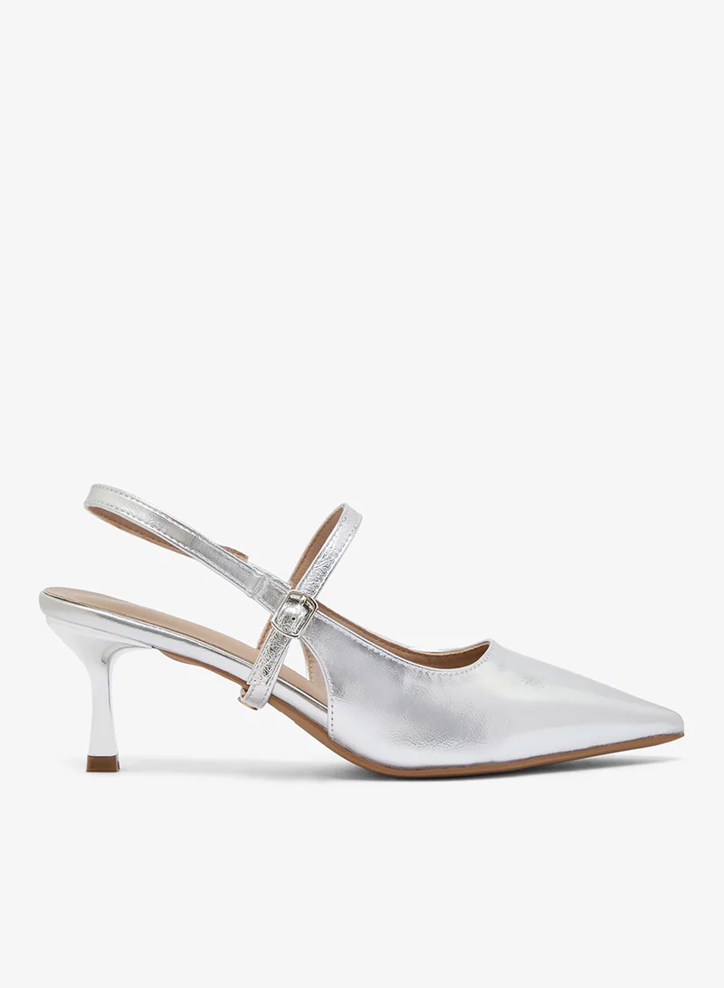 ايلا حذاء بكعب رفيع فضي معدني بحزام خلفي